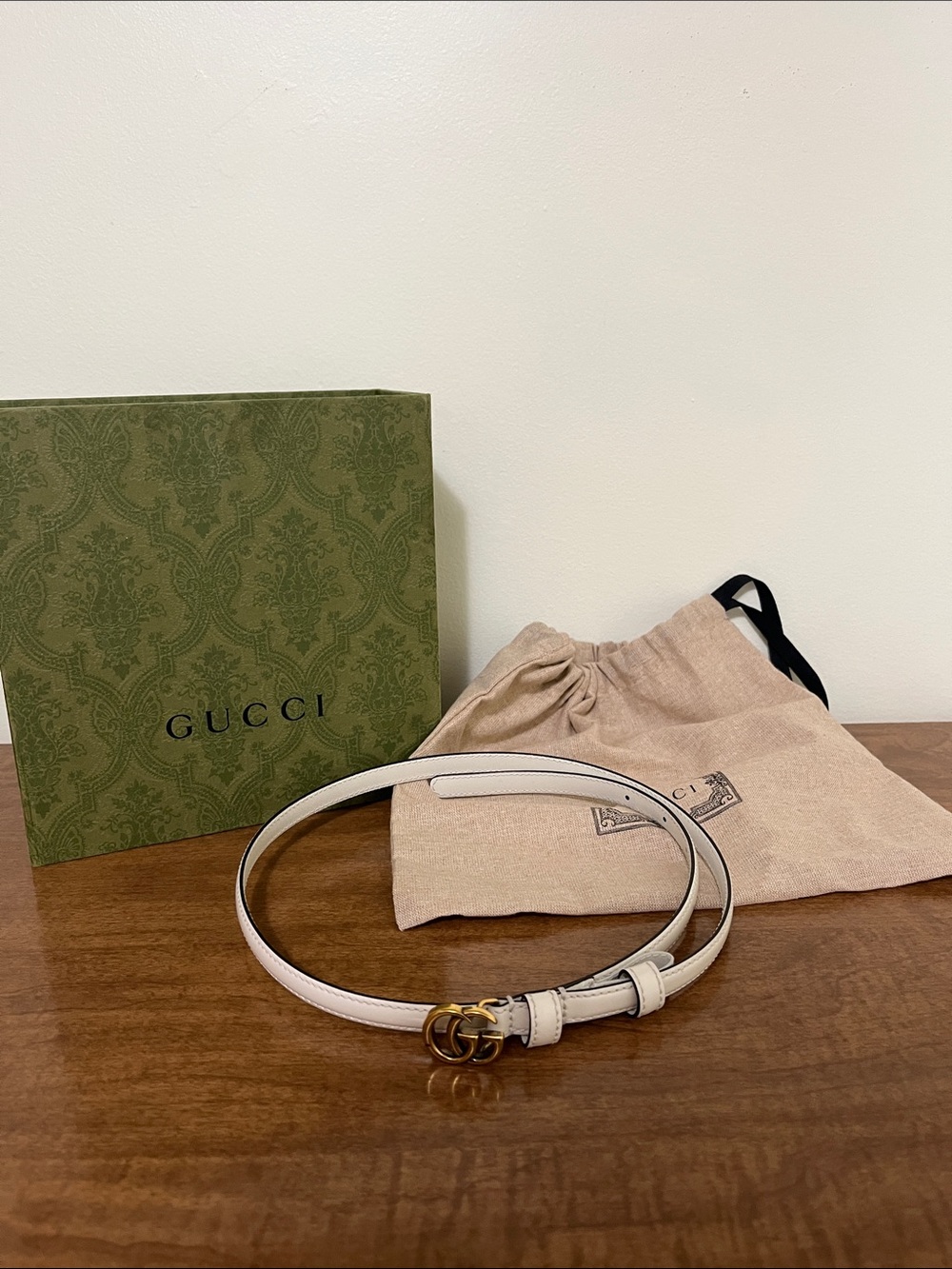 Gucci Ivory Leather Slim Belt with Gold Double G Buckle